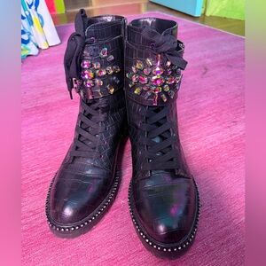 Kurt Geiger Rainbow Black Leather Combat Rhinestone Boots Embellished 40